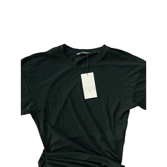 Zara Women Midi Dress S Black Bodycon Pleated Side Slit Short Sleeve NWT - Picture 2 of 7